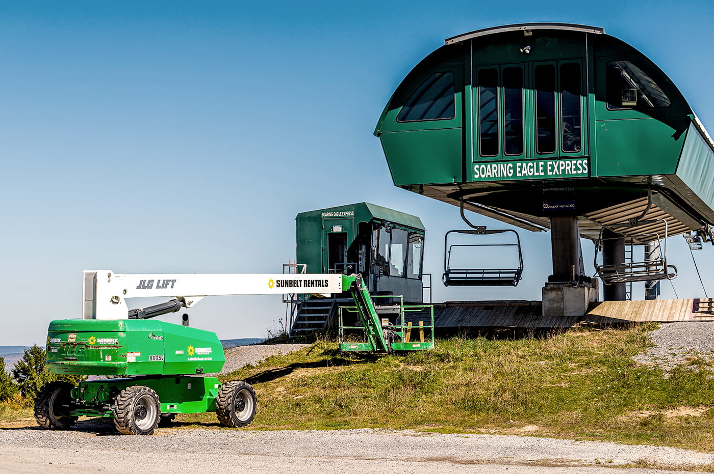 Soaring Eagle Express Ski lift with a Sunbelt Rental Forklift.