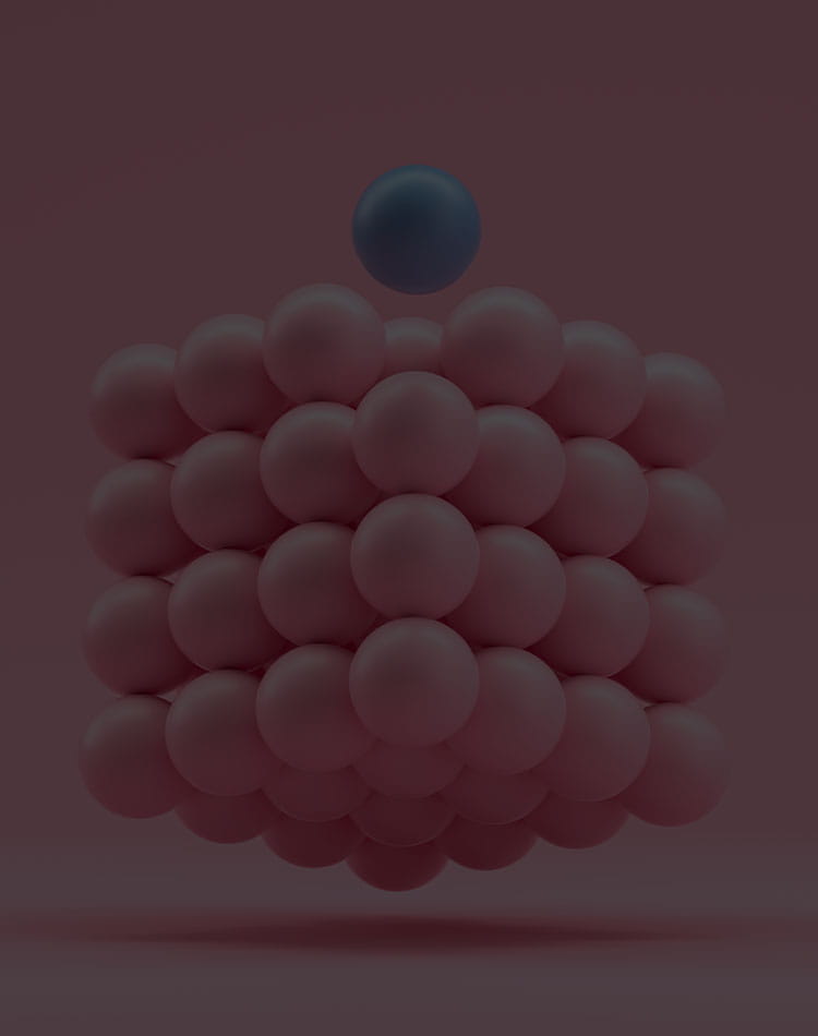 Cube made of tiny pink spheres and one blue sphere.