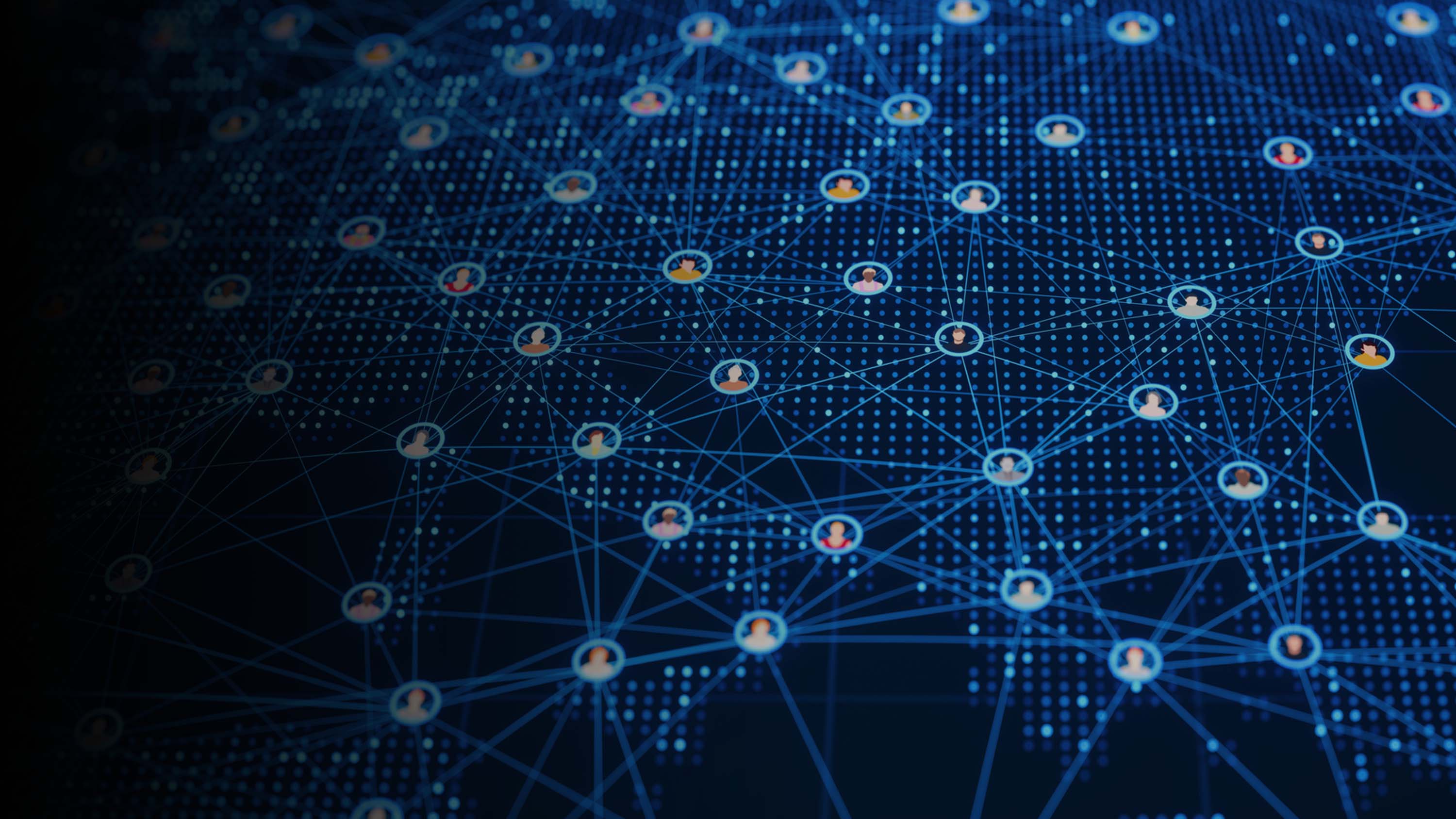 A digital map of people connecting with one another through blue digital lines.