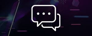 Long white icon, overlapping speech bubbles on a faded abstract background.