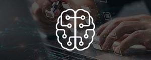 Long white icon, a brain with wires and datapoints in it on faded abstract background.