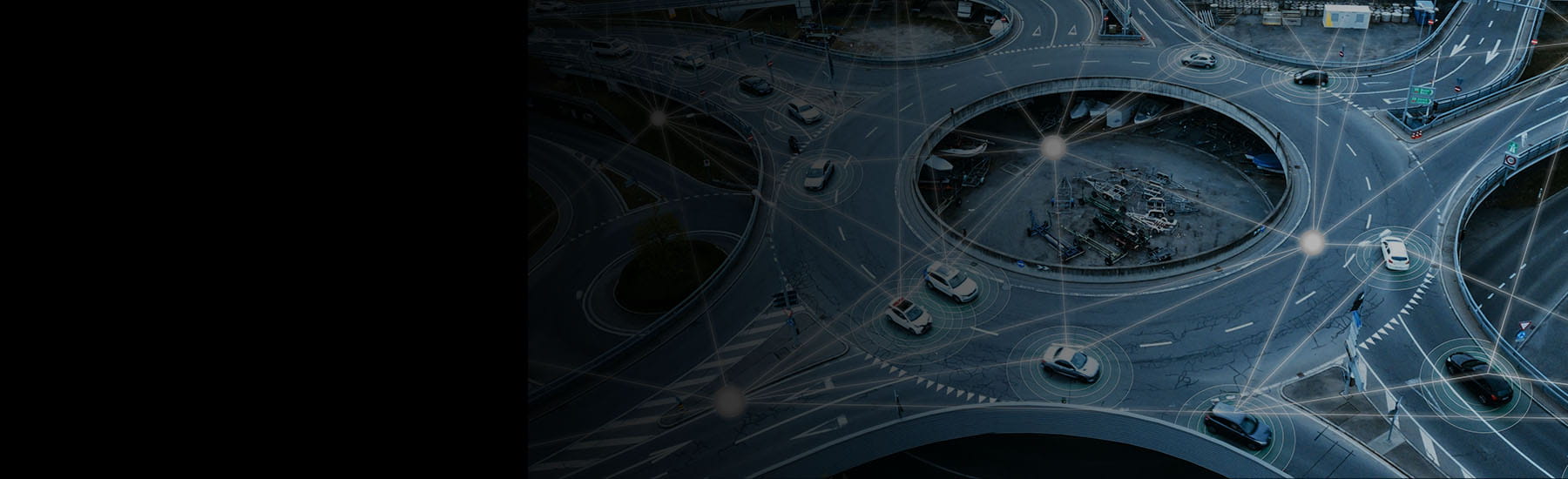 Cars driving in a roundabout connected by datapoints.