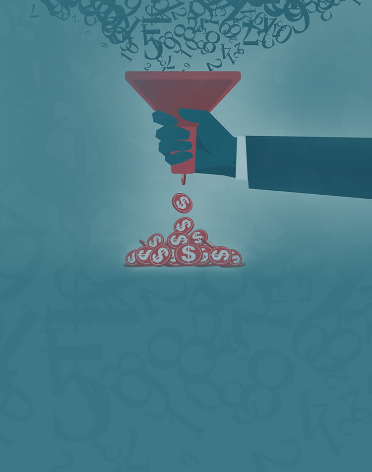 A person holding a funnel and data being put through it.