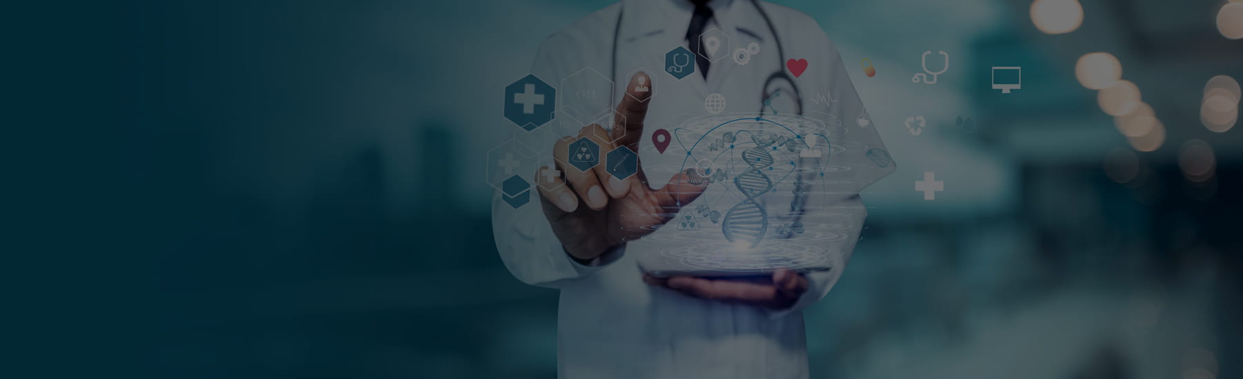 Doctor with medical symbols floating in the air above a tablet device.