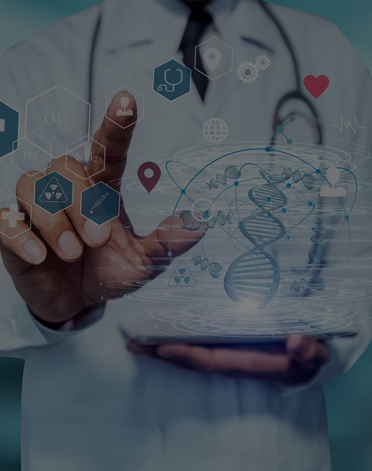 Doctor with medical symbols floating in the air above a tablet device.