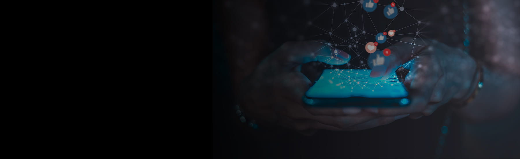 Someone liking and loving things on social media with like and heart icons floating above the cellphone. 